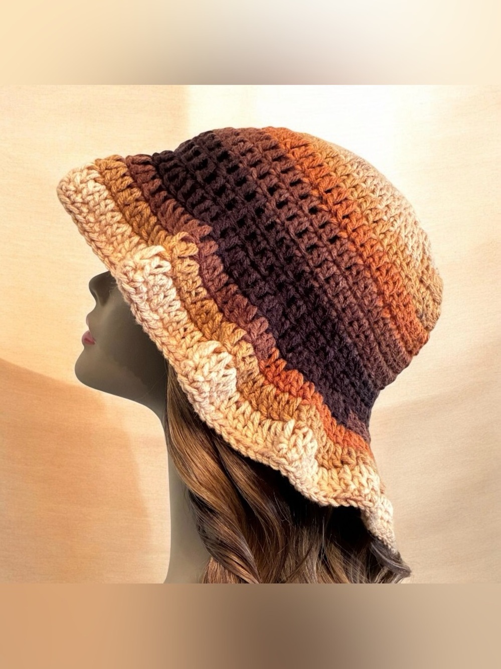 Handmade Crochet Ruffled Bucket Hat - Brown Multi - Picture 3 of 4